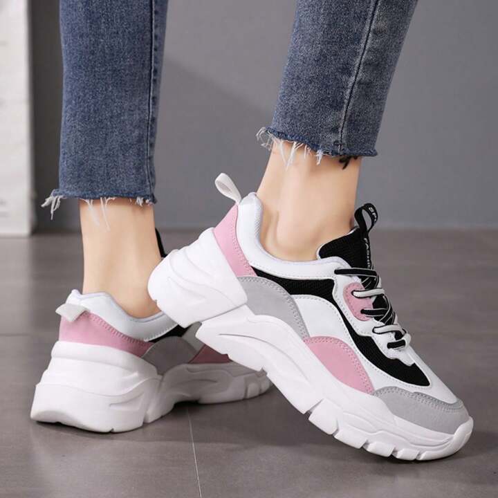 Chunky Sneakers, Spring, With Increased Height, Color Block Design, Multi-Occasions Wearing, Sports Running Shoes For Young