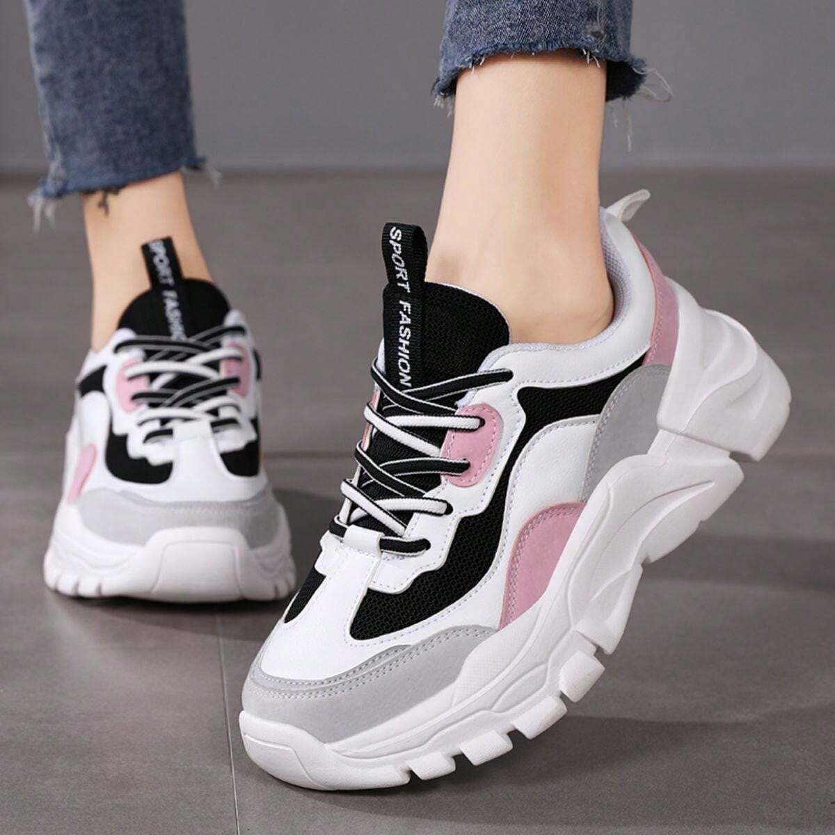 Chunky Sneakers, Spring, With Increased Height, Color Block Design, Multi-Occasions Wearing, Sports Running Shoes For Young
